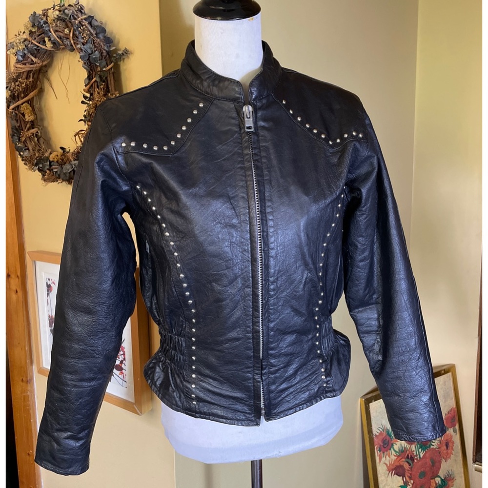 Vintage 80s Black Leather Jacket STUD Zip-Front YKK Silver HW Rock-N-Roll Biker